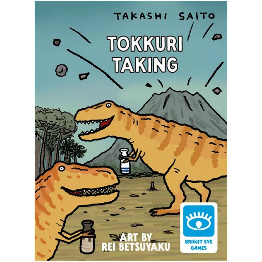 Game cover shows two smiling T-Rex dinosaurs holding bottles in a volcanic landscape