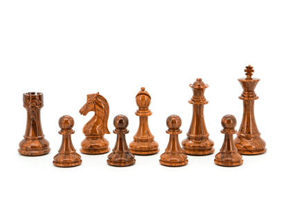 Dark wood-grained chess pieces: King, Queen, Rook, Knight, Bishop, and four pawns, arranged on a white background