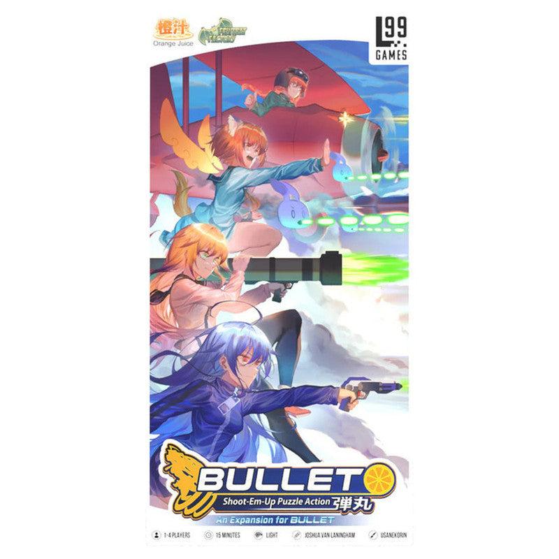 Anime style artwork for Bullet Shoot-Em-Up Puzzle Action An Expansion for Bullet board game box with orange juice logo