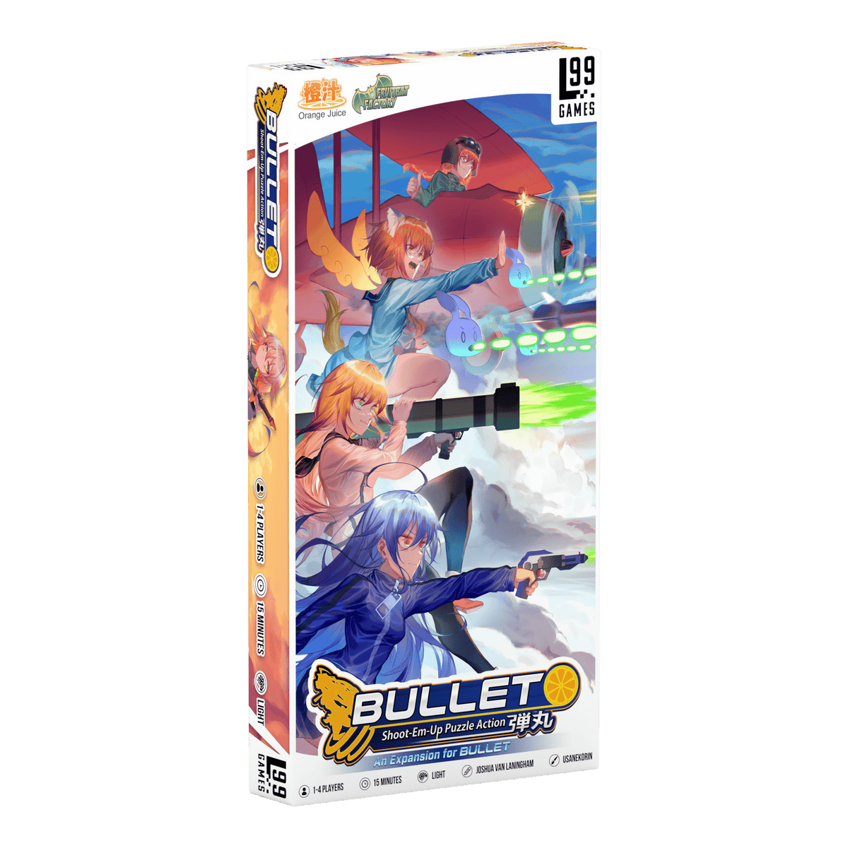 White and orange Bullet Shoot-Em-Up Puzzle Action board game box featuring anime characters and aircraft