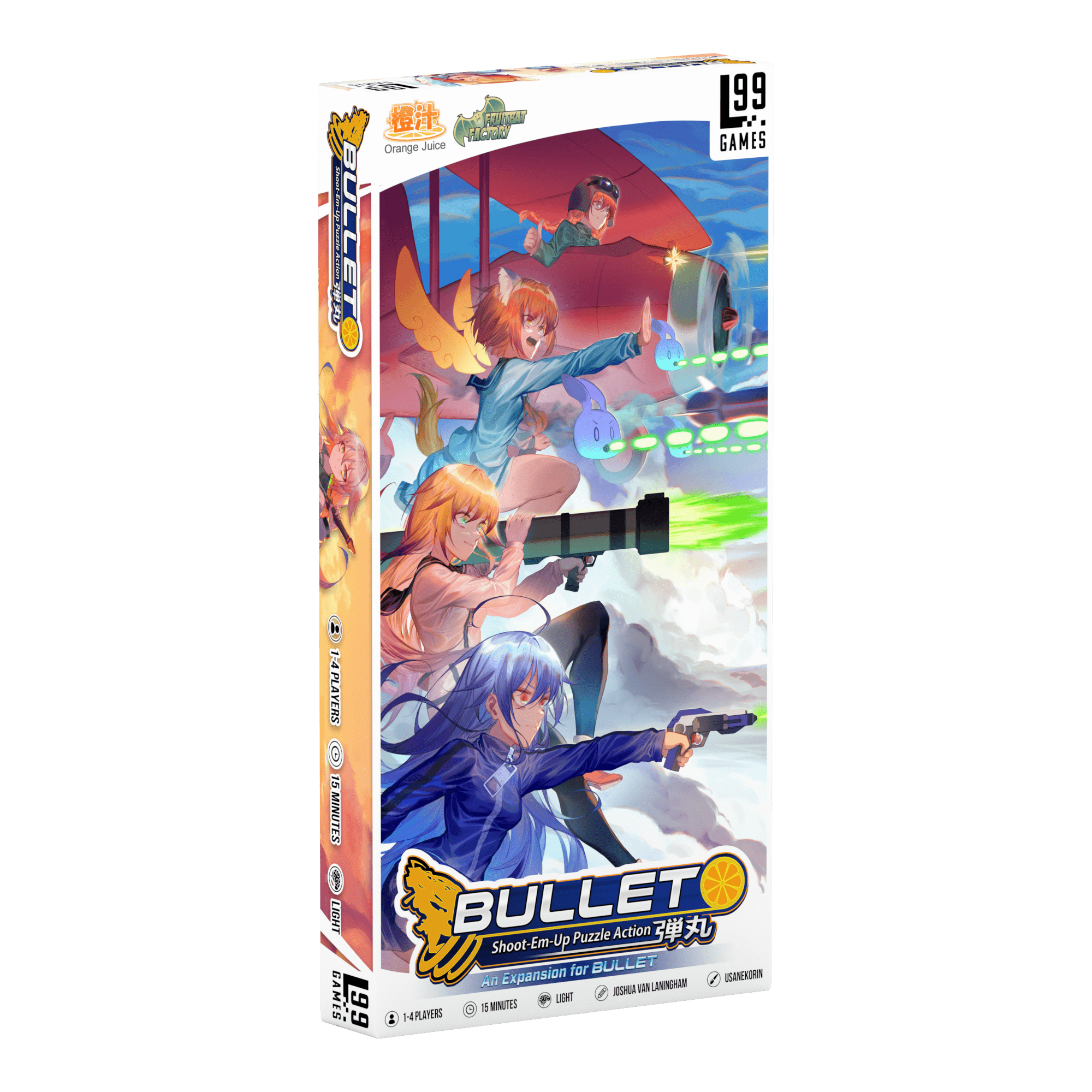 White and orange Bullet Shoot-Em-Up Puzzle Action board game box featuring anime characters and aircraft
