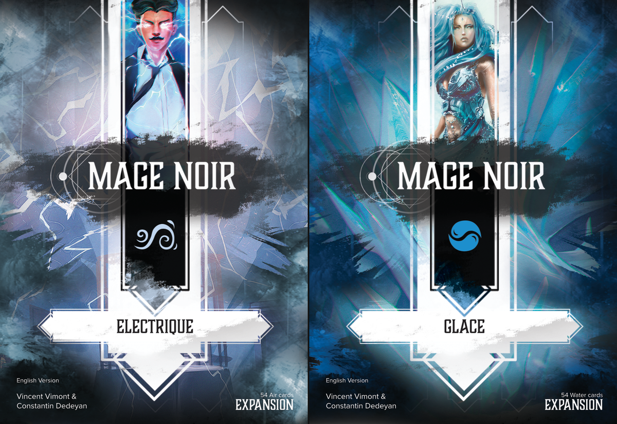 Vertical split image with a dark wizard channeling blue lightning and text MAGE NOIR ELECTRIQUE and MAGE NOIR GLACE with expansion logo