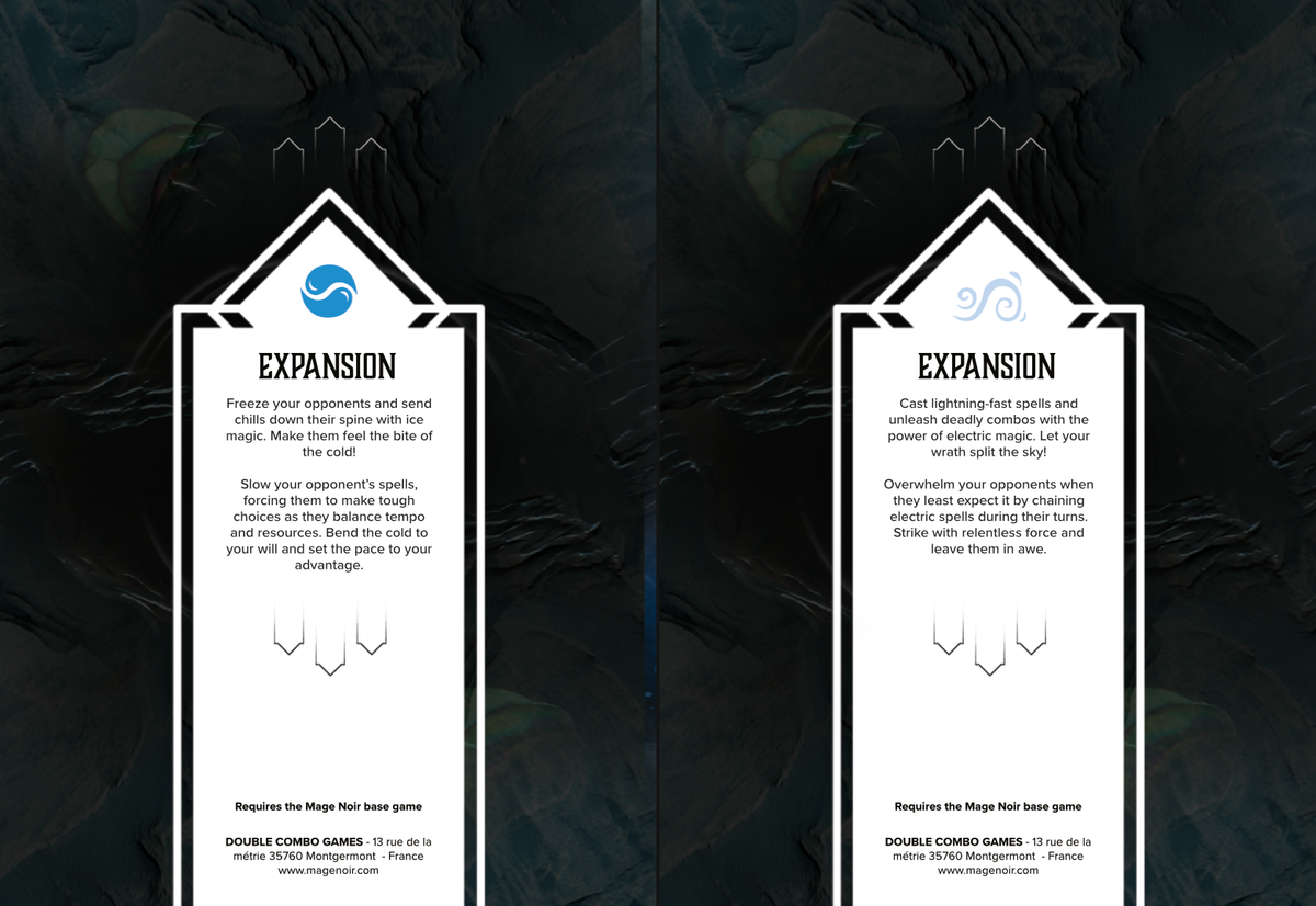 Two Mage Noir game expansion boxes one for ice magic and one for electric magic
