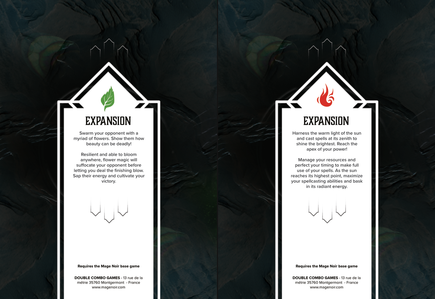 Two card game expansions one with a green leaf symbol and the other with a red flame symbol