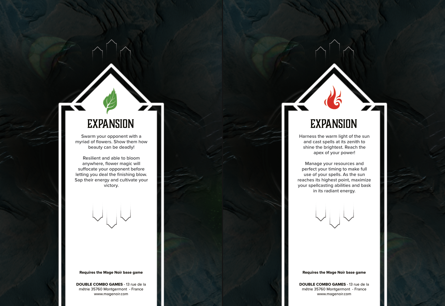 Two card game expansions one with a green leaf symbol and the other with a red flame symbol