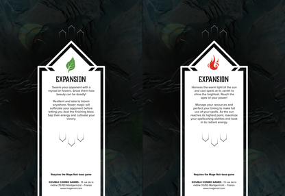 Two card game expansions one with a green leaf symbol and the other with a red flame symbol