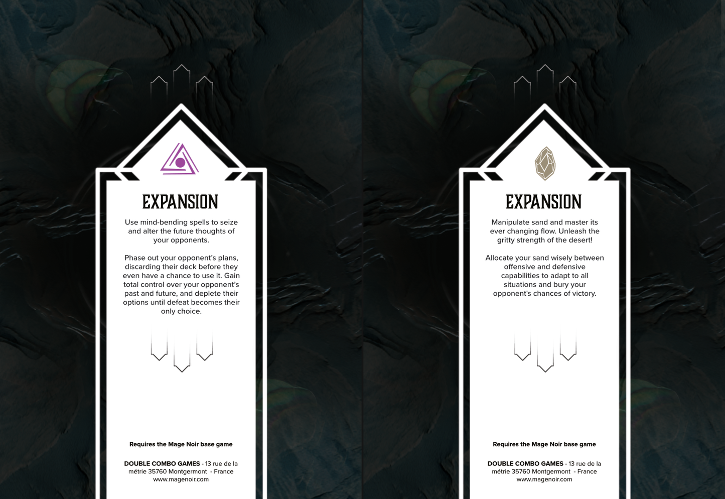 Two vertical cards with black borders on a dark textured background