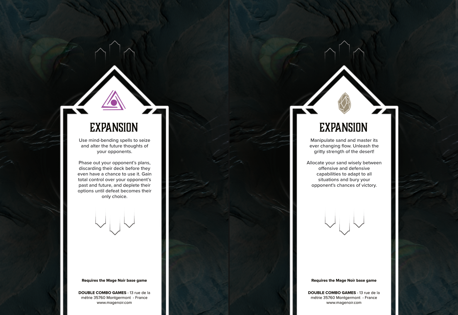 Two vertical cards with black borders on a dark textured background