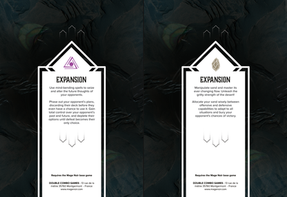 Two vertical cards with black borders on a dark textured background