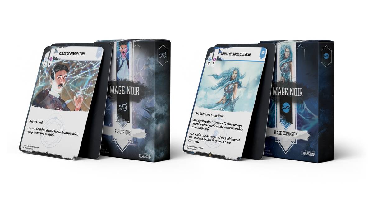 Two Mage Noir card game expansion boxes and their corresponding oversized cards Electrique Expansion and Glace Expansion