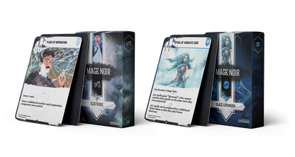 Two Mage Noir card game expansion boxes and their corresponding oversized cards Electrique Expansion and Glace Expansion