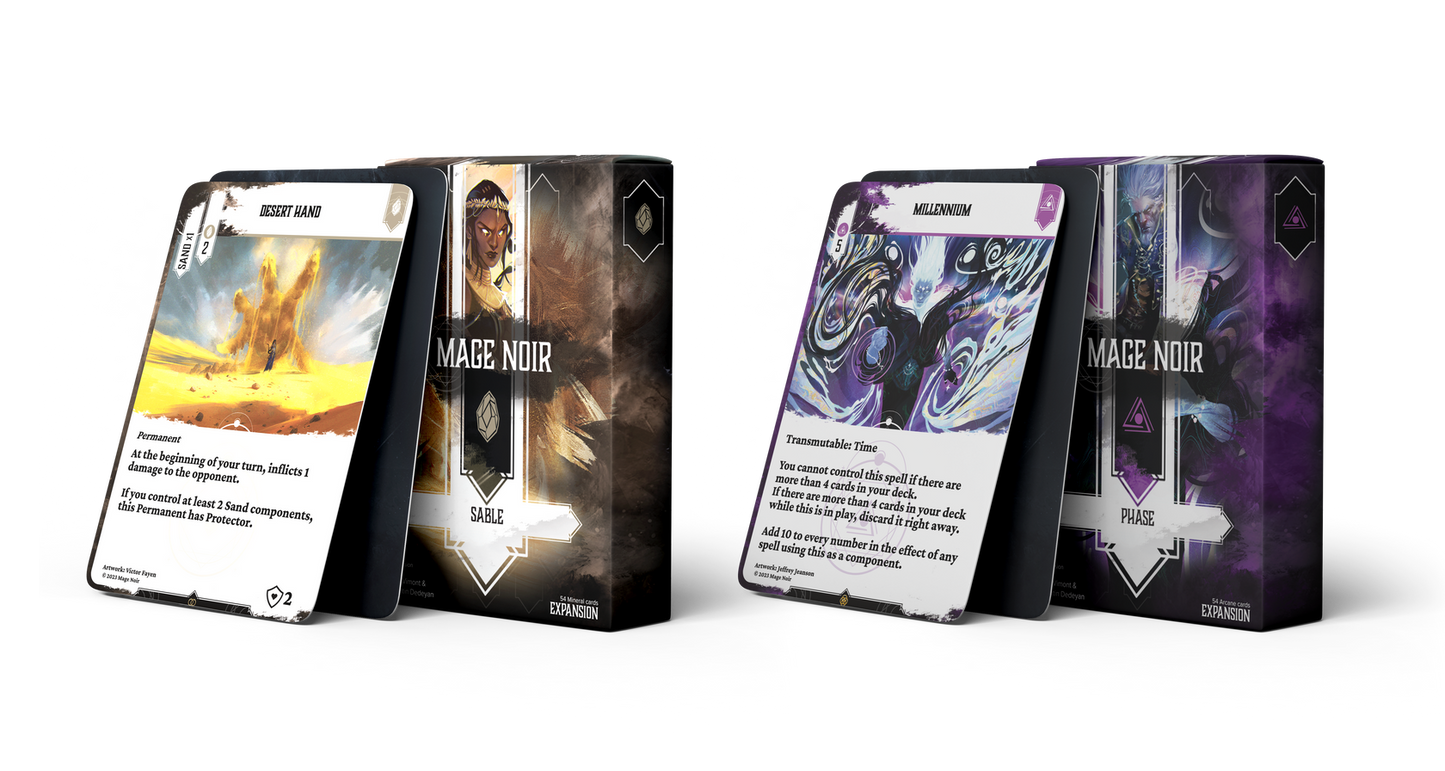 Two Mage Noir expansion packs Sable and Phase stand side-by-side featuring card artwork on display
