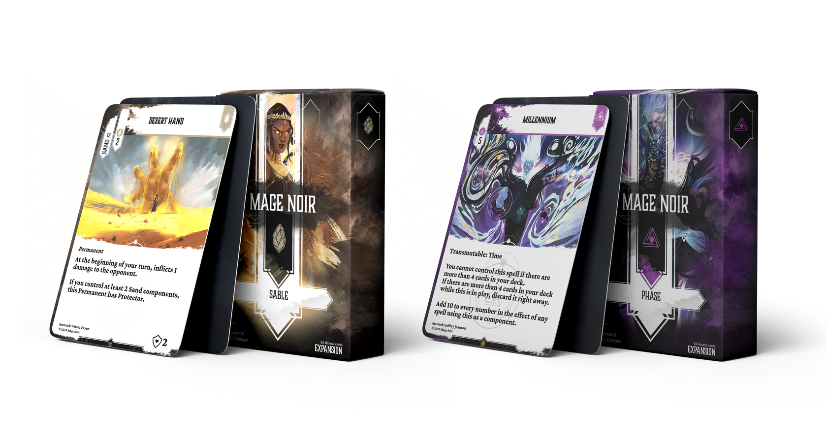 Two Mage Noir expansion packs Sable and Phase stand side-by-side featuring card artwork on display