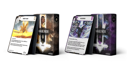 Two Mage Noir expansion packs Sable and Phase stand side-by-side featuring card artwork on display
