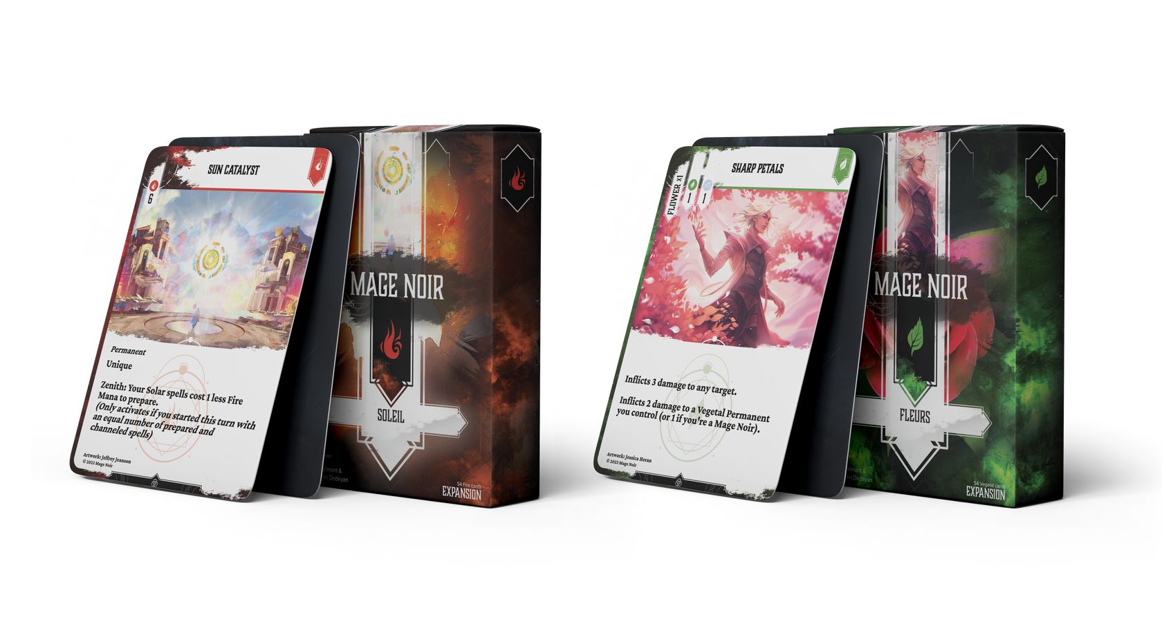 Two decks of cards for the Mage Noir game Soleil Fire and Fleurs Vegetal expansions