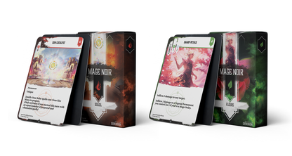 Two decks of cards for the Mage Noir game Soleil Fire and Fleurs Vegetal expansions
