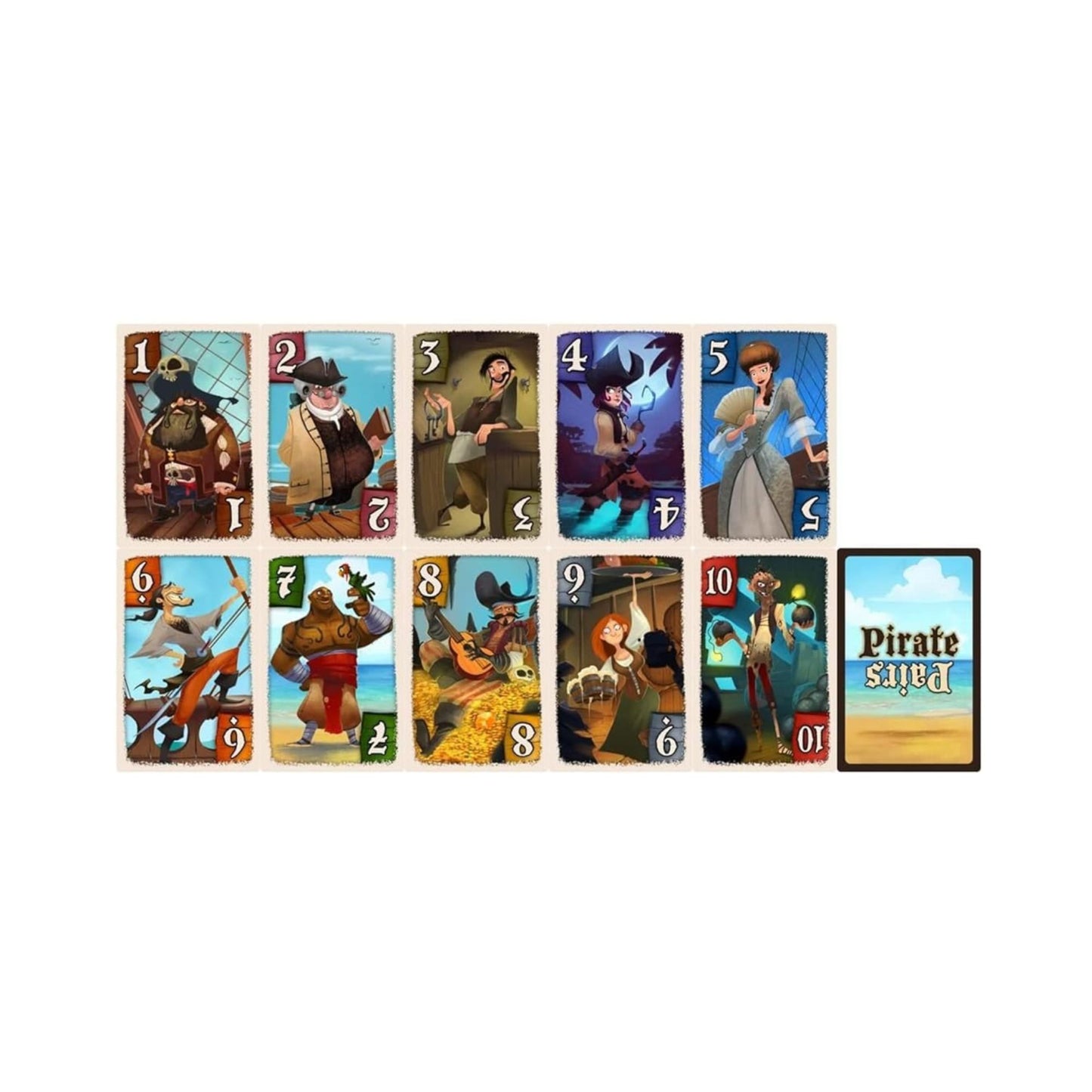 Set of 10 illustrated pirate playing cards (1-10) with unique characters, and a "Pirate Pairs" title card