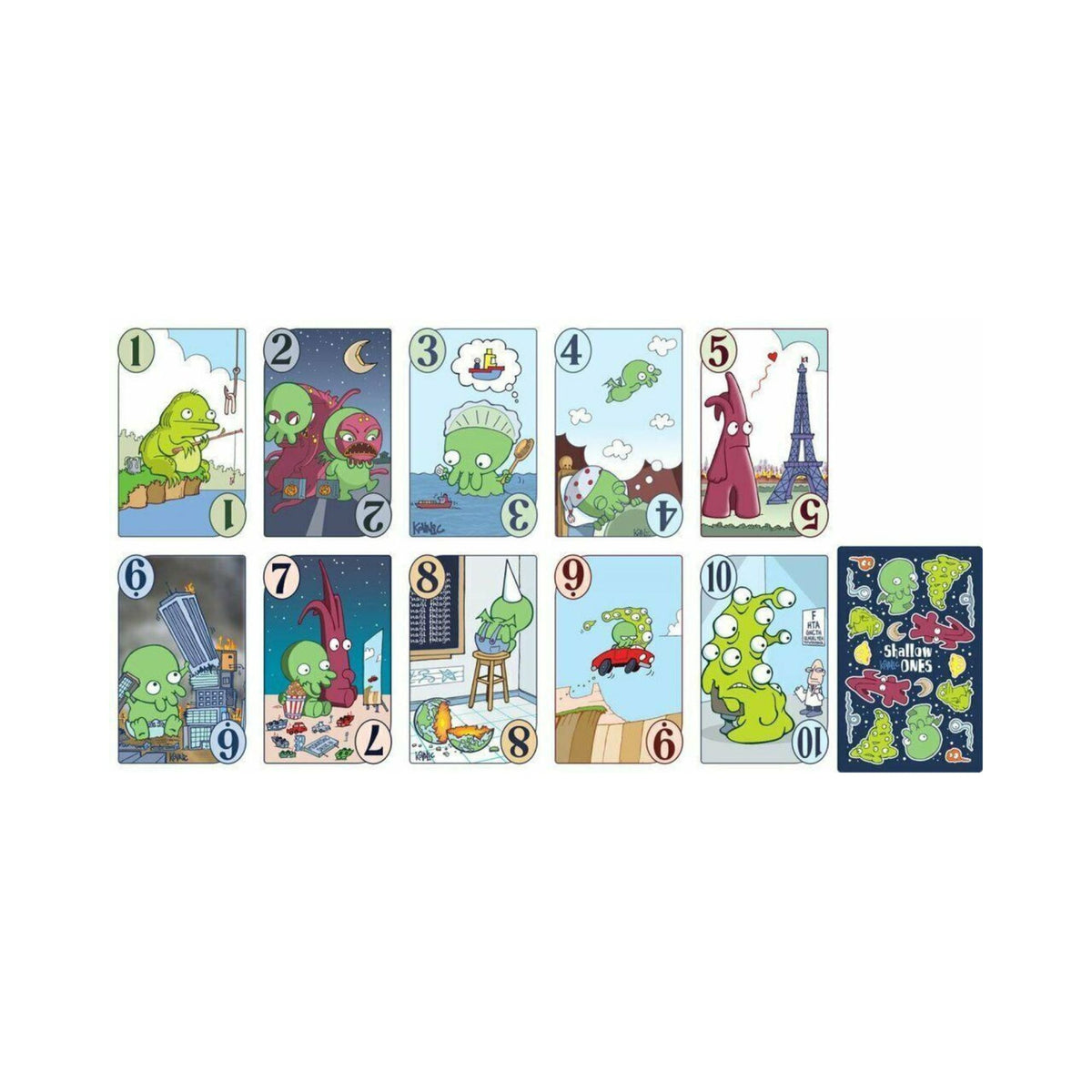 10 numbered cartoon cards feature green, tentacled monsters in humorous scenes of daily life and destruction. A &#39;Shallow Ones&#39; card back