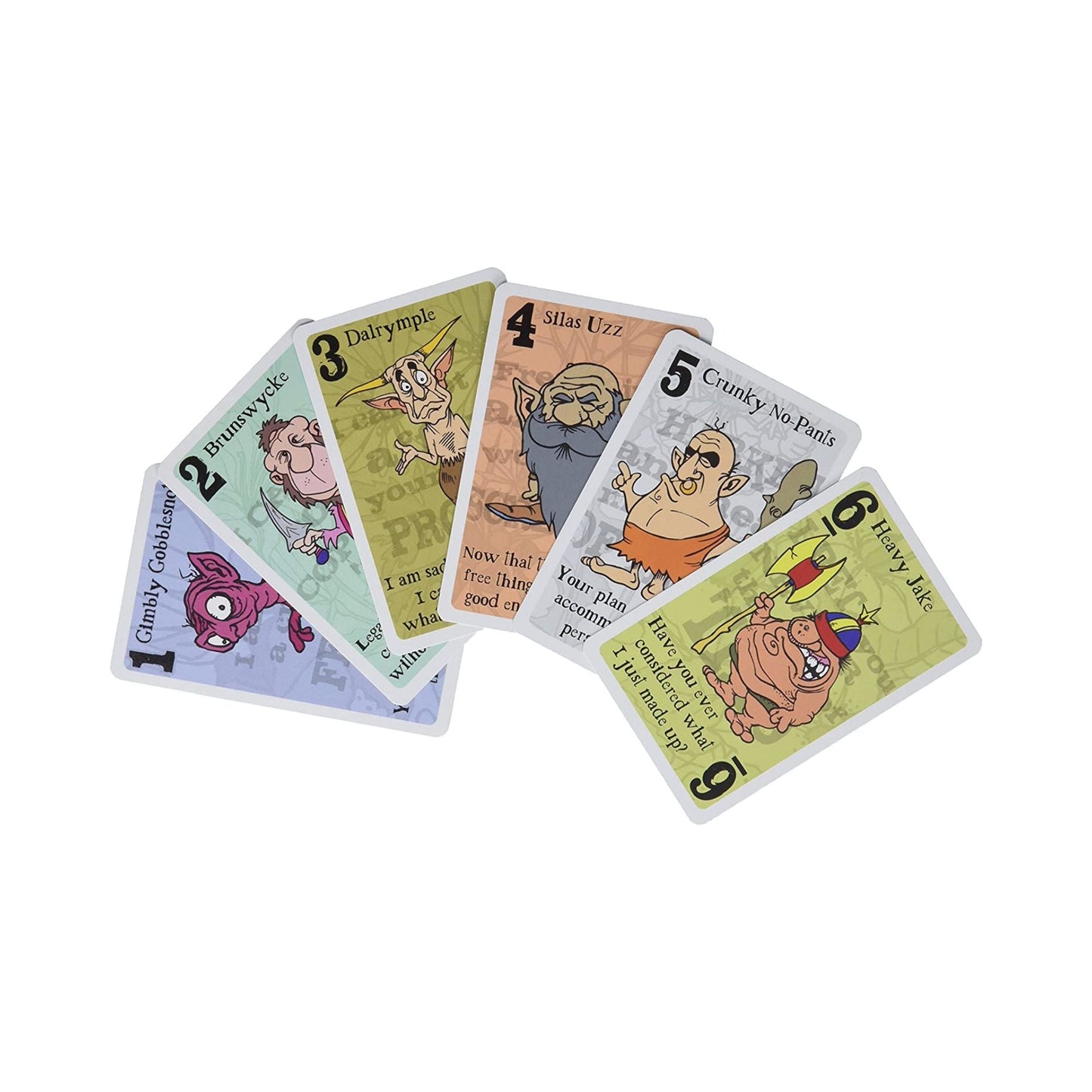 Six fantasy game cards fanned out, each depicting a cartoon goblin-like character with a number and name, some holding weapons