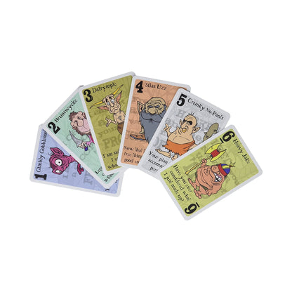 Six fantasy game cards fanned out, each depicting a cartoon goblin-like character with a number and name, some holding weapons