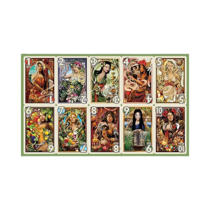 A set of 10 ornate fantasy art cards. Each card shows a woman representing a food type: spice, herb, tea, coffee, cheese, fruit, veg, meat, rice, bread