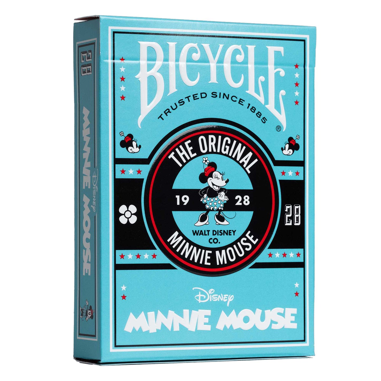 Teal Bicycle playing card box featuring vintage Minnie Mouse artwork, black trim, and "The Original 1928."