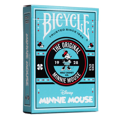 Teal Bicycle playing card box featuring vintage Minnie Mouse artwork, black trim, and "The Original 1928."