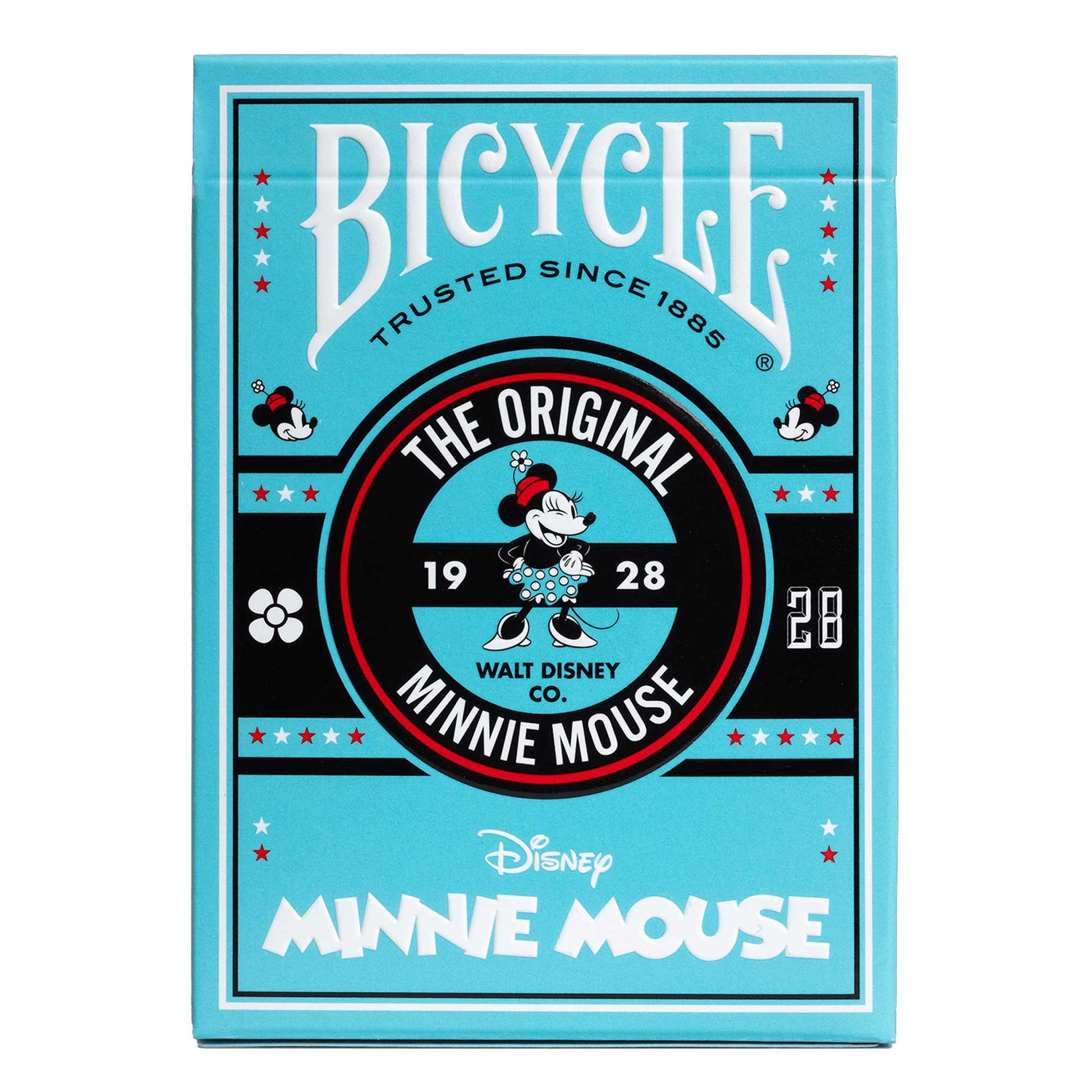 Bicycle Minnie Mouse playing card deck box in blue and black, featuring a vintage illustration of Minnie Mouse