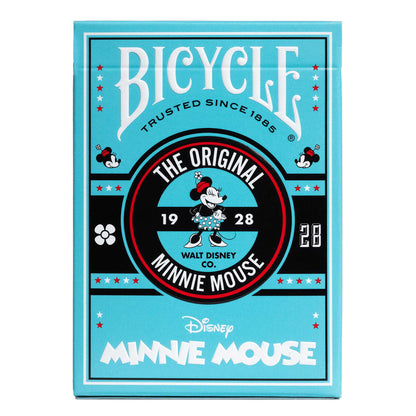 Bicycle Minnie Mouse playing card deck box in blue and black, featuring a vintage illustration of Minnie Mouse