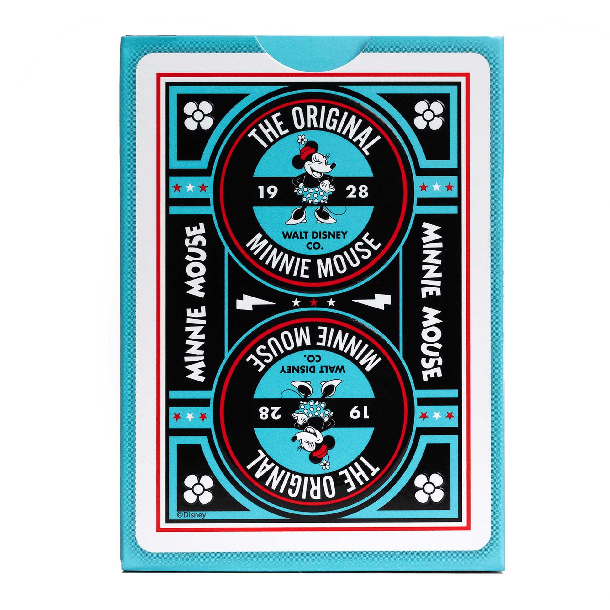 Tuck box for playing cards featuring a retro, symmetrical design of Minnie Mouse and "The Original 1928."