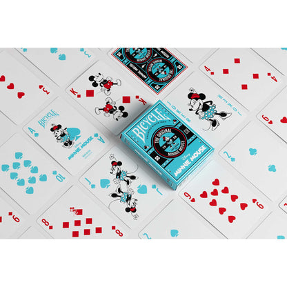 Minnie Mouse Disney Bicycle playing cards and turquoise deck box, displayed scattered