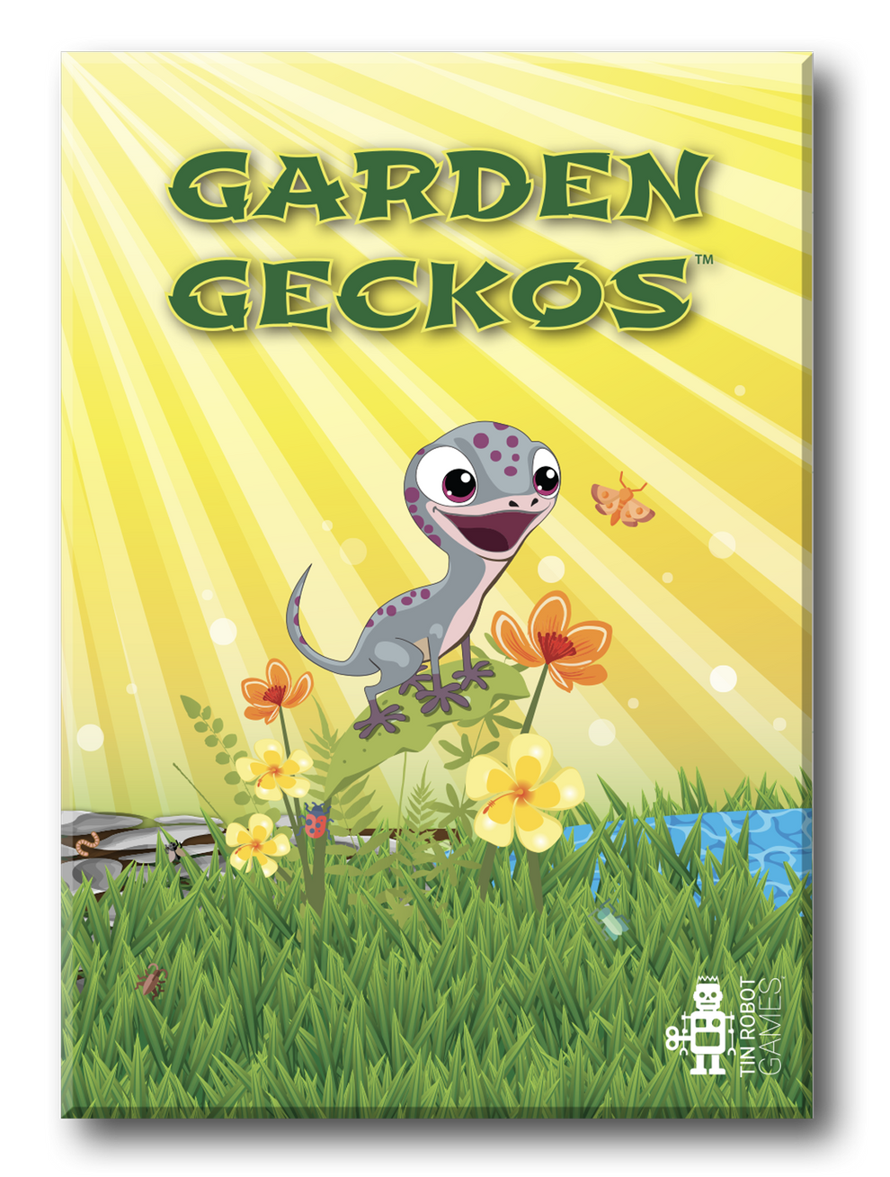 Game box features Cartoon gecko on a leaf looking at a butterfly in a bright, sunny garden