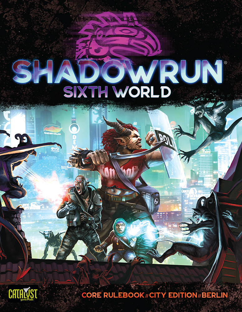 Shadowrun: Sixth World Core Rulebook cover: Diverse characters, including a horned figure with a riot shield, in intense cyberpunk city combat