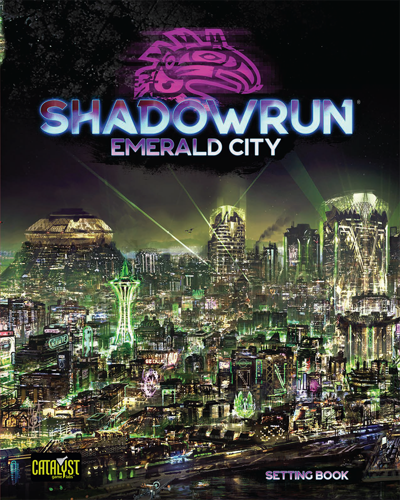 Shadowrun Emerald City setting book cover art featuring a futuristic cityscape at night with glowing green lights and a tribal bird logo above