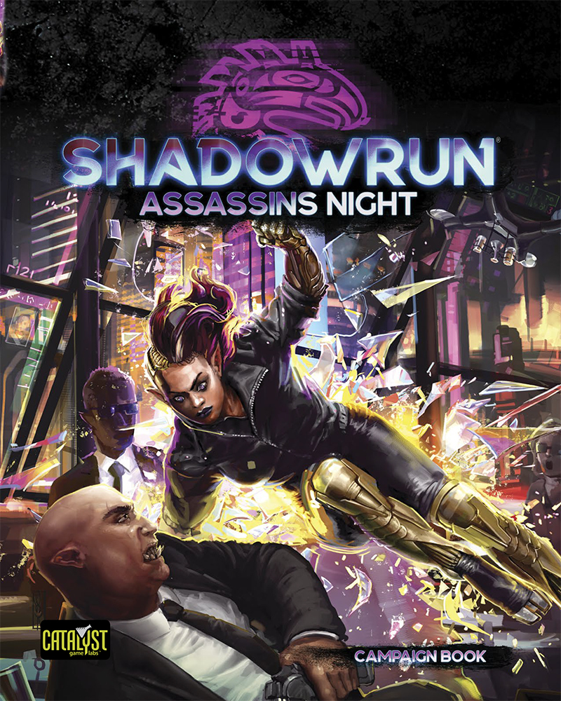 Shadowrun Assassins Night Campaign Book cover art showing a futuristic elf mid-leap attacking two men in suits amidst shattered glass in a neon cityscape
