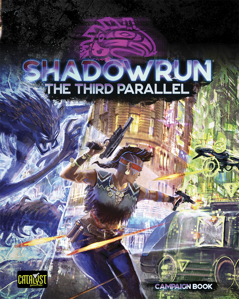 Shadowrun The Third Parallel campaign book cover art featuring characters in a dynamic urban fantasy scene