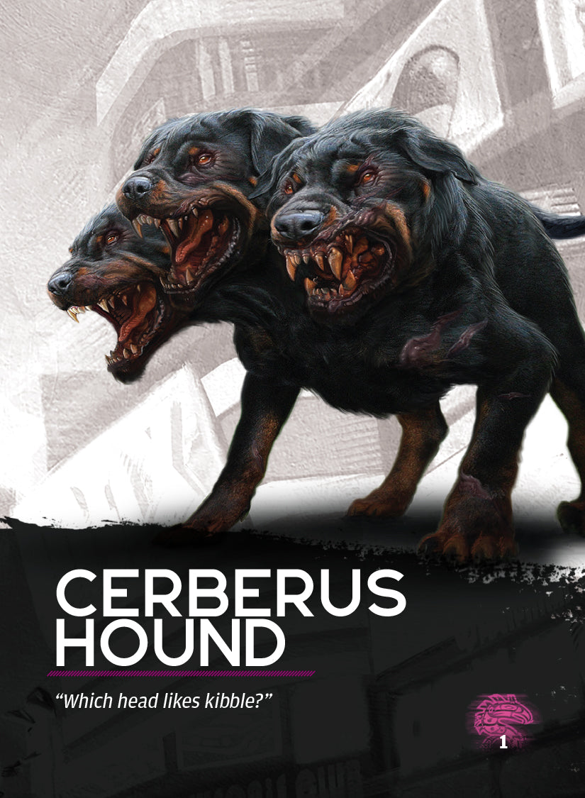 Three-headed black Cerberus hound baring sharp teeth with glowing red eyes against a white and gray background
