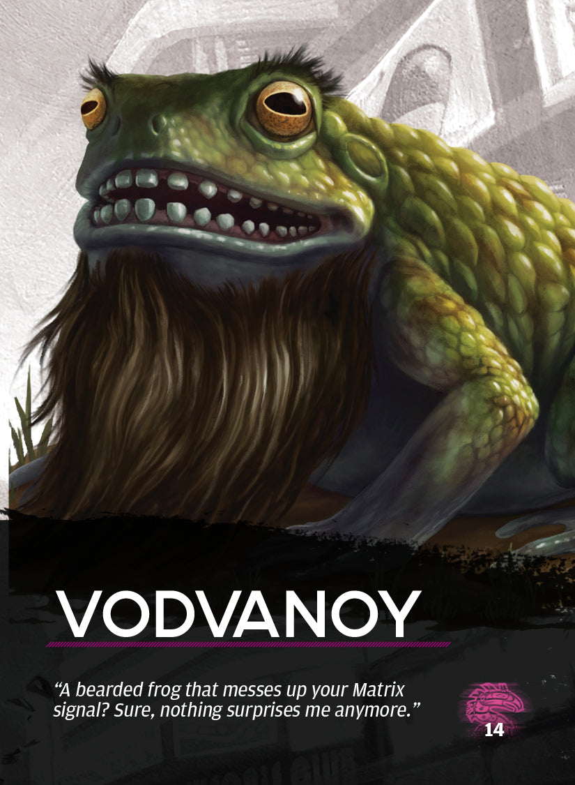 Illustration of a bearded frog a creature known as the Vodvanoy with large orange eyes and small teeth