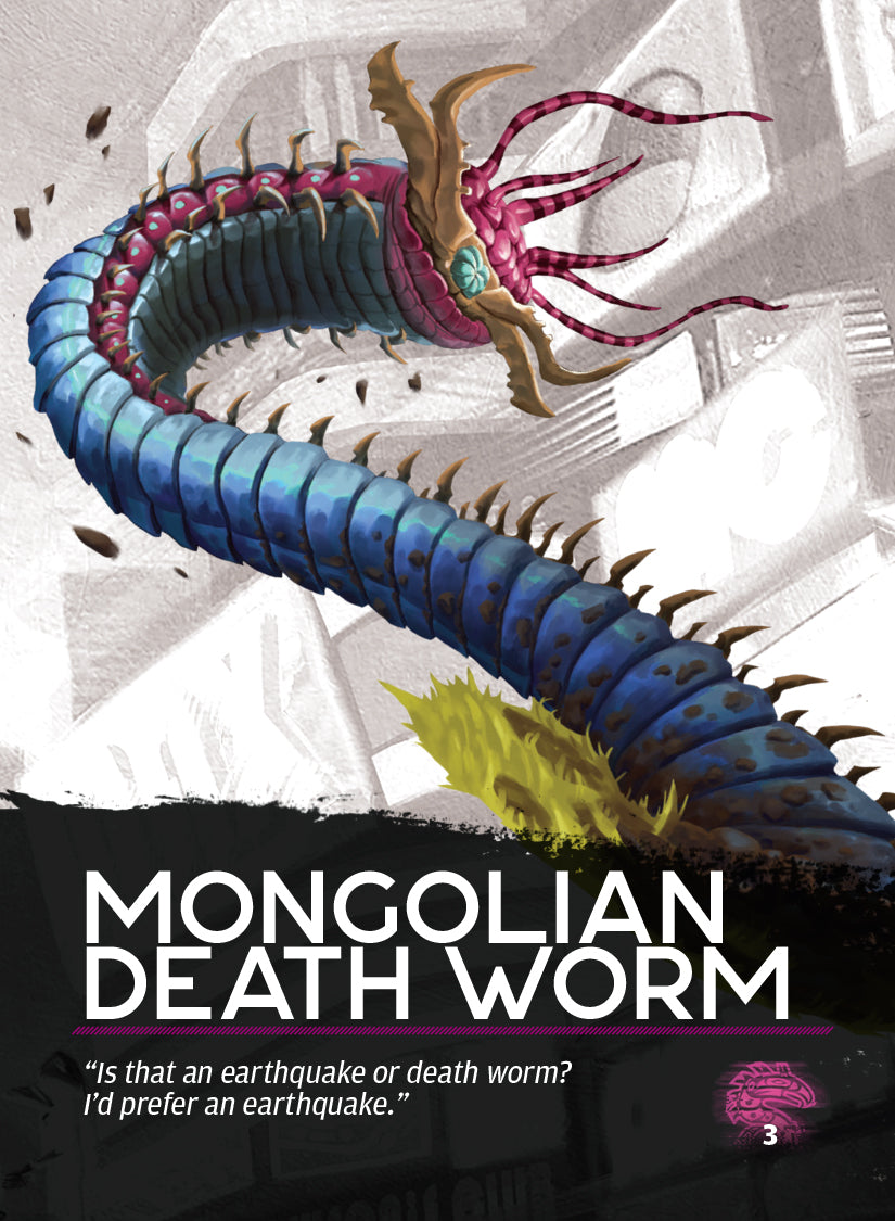 Illustration of a large blue centipede-like creature with a pink head and gold mandible claws rising from a dark chasm
