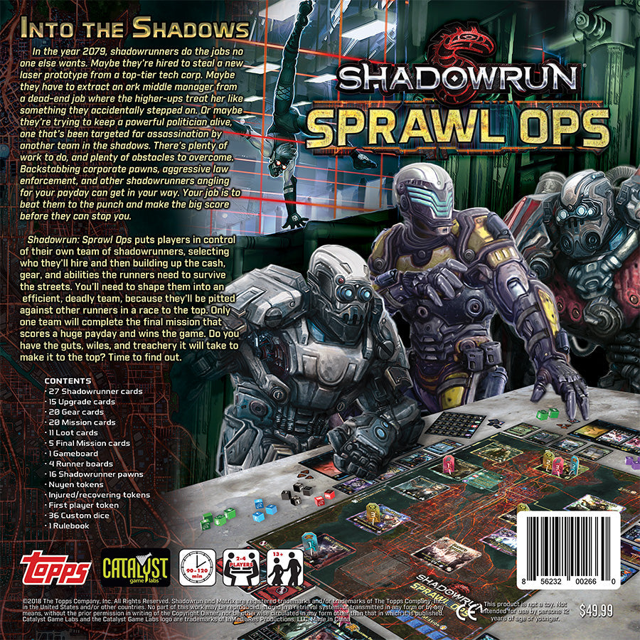 Box art for Shadowrun: Sprawl Ops board game showing futuristic characters around a game board with dice cards and tokens