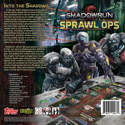 Box art for Shadowrun: Sprawl Ops board game showing futuristic characters around a game board with dice cards and tokens
