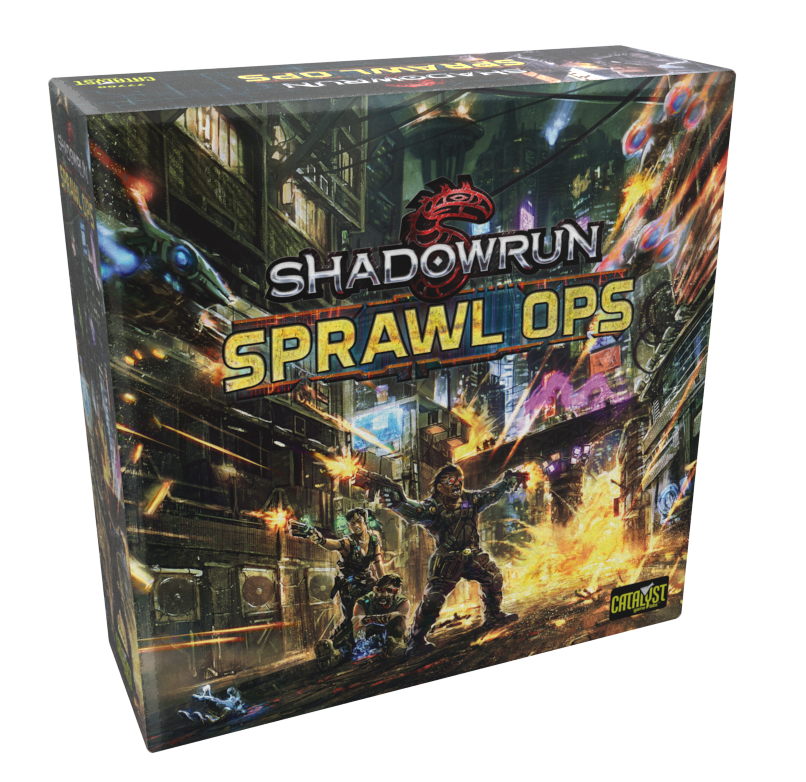 Shadowrun Sprawl Ops game box cover art depicts armed characters in a chaotic futuristic city shootout with explosions