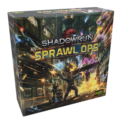Shadowrun Sprawl Ops game box cover art depicts armed characters in a chaotic futuristic city shootout with explosions