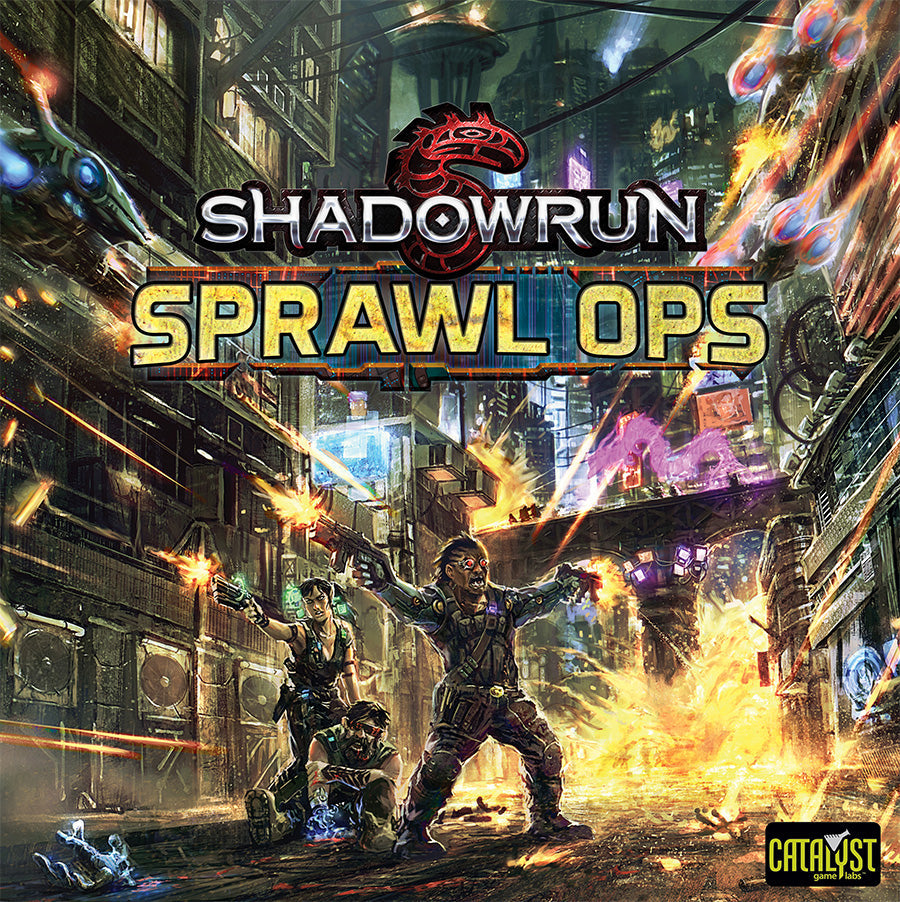 Shadowrun Sprawl Ops cover: Cyberpunk team in a futuristic city firefight with gunfire explosions and flying vehicles