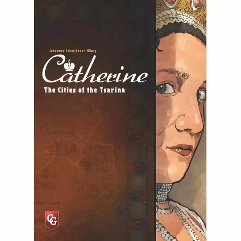 Box cover for Catherine The Cities of the Tsarina strategy board game featuring a close-up portrait of a woman in a crown and jewelry on the right