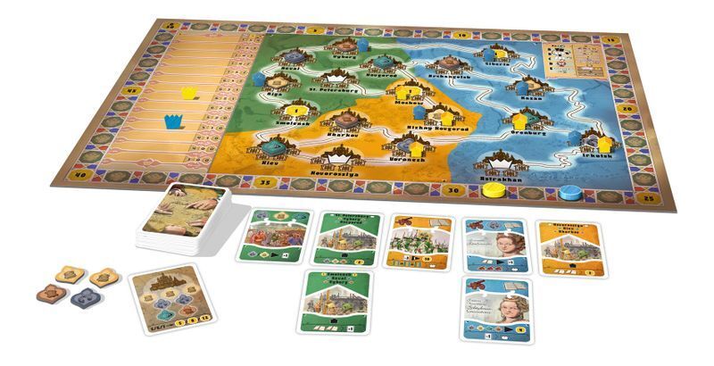Catherine The Cities of the Tsarina board game set with game board cards tokens and game pieces displayed on a white background