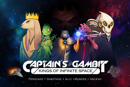 Illustrated game art for Captain's Gambit featuring diverse sci-fi alien characters, including a crowned rabbit and a skull-face