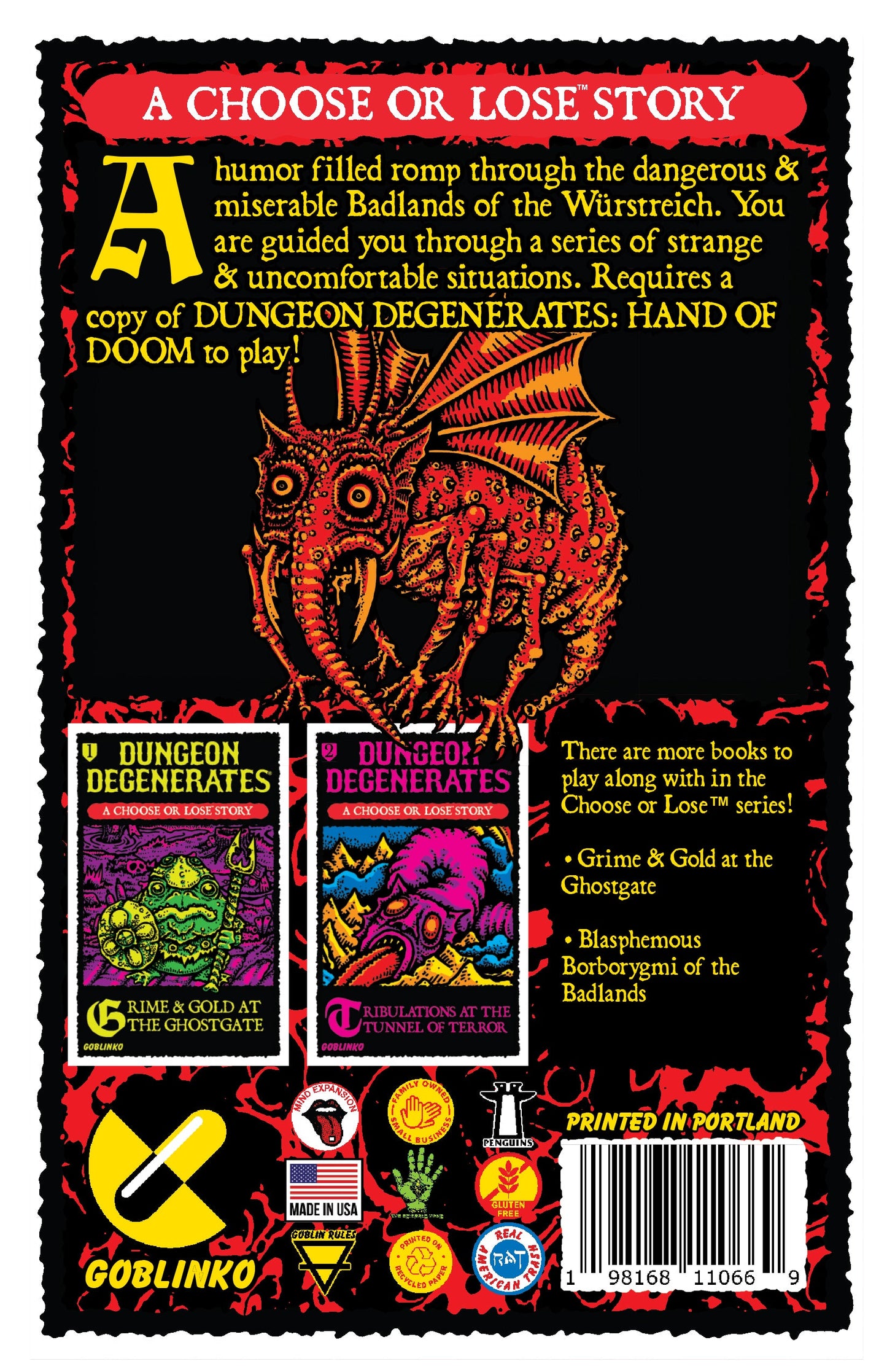 Dungeon Degenerates Choose or Lose Story book with red monster on black cover Features Grime Gold at the Ghostgate and Tribulations at the Tunnel of Terror