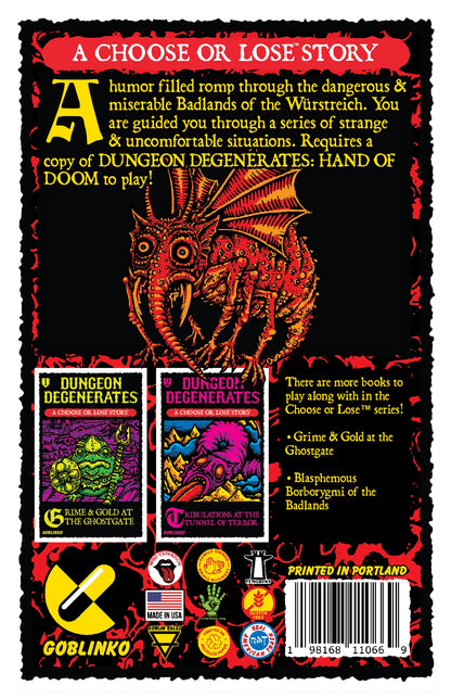 Dungeon Degenerates Choose or Lose Story book with red monster on black cover Features Grime Gold at the Ghostgate and Tribulations at the Tunnel of Terror