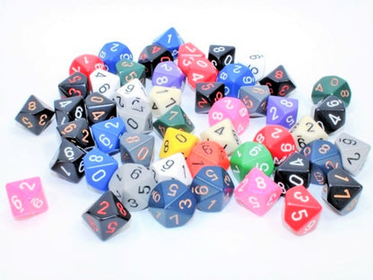 Colorful CHX 29410 Opaque 50 Assorted Polyhedral d10 dice scattered on a white surface
